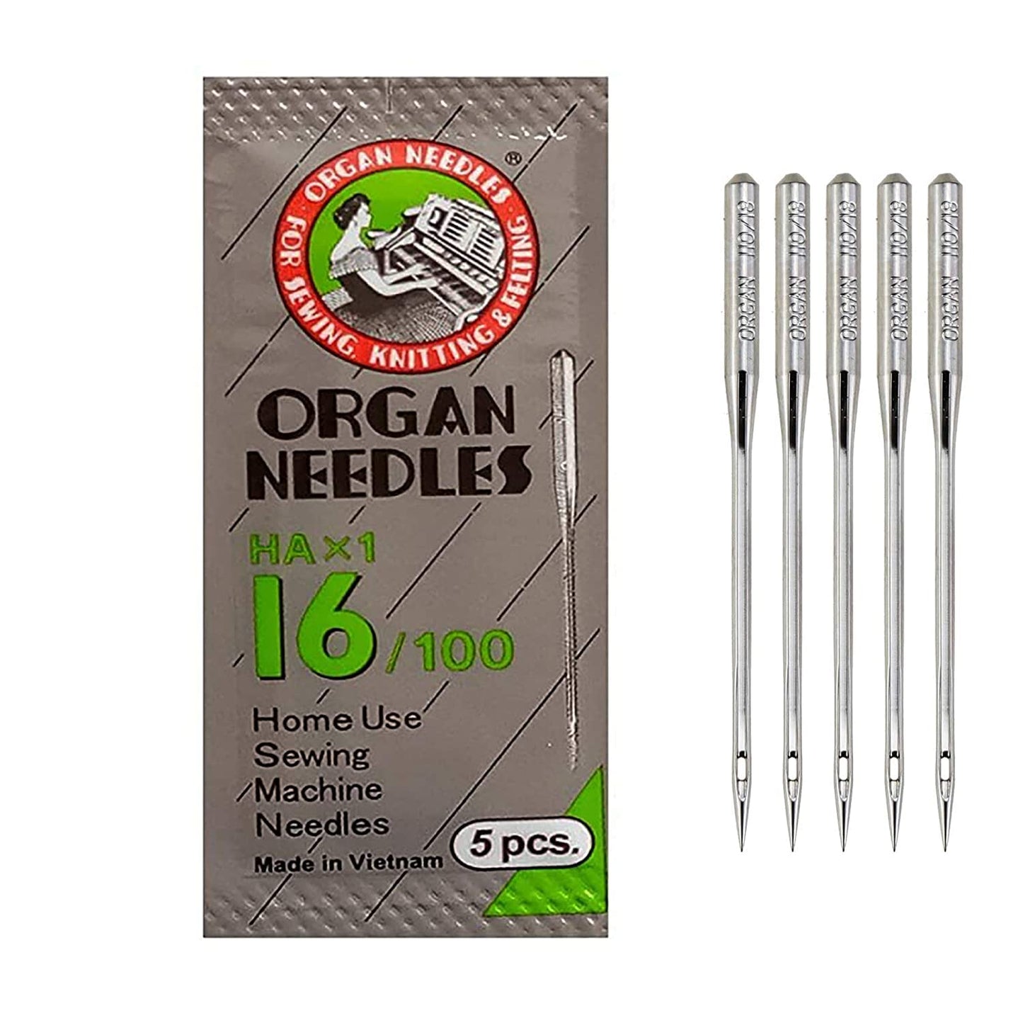 Organ Sewing Machine Needles – Size 16 (HAx1-16/100) – Set of 5 | Flat Shank