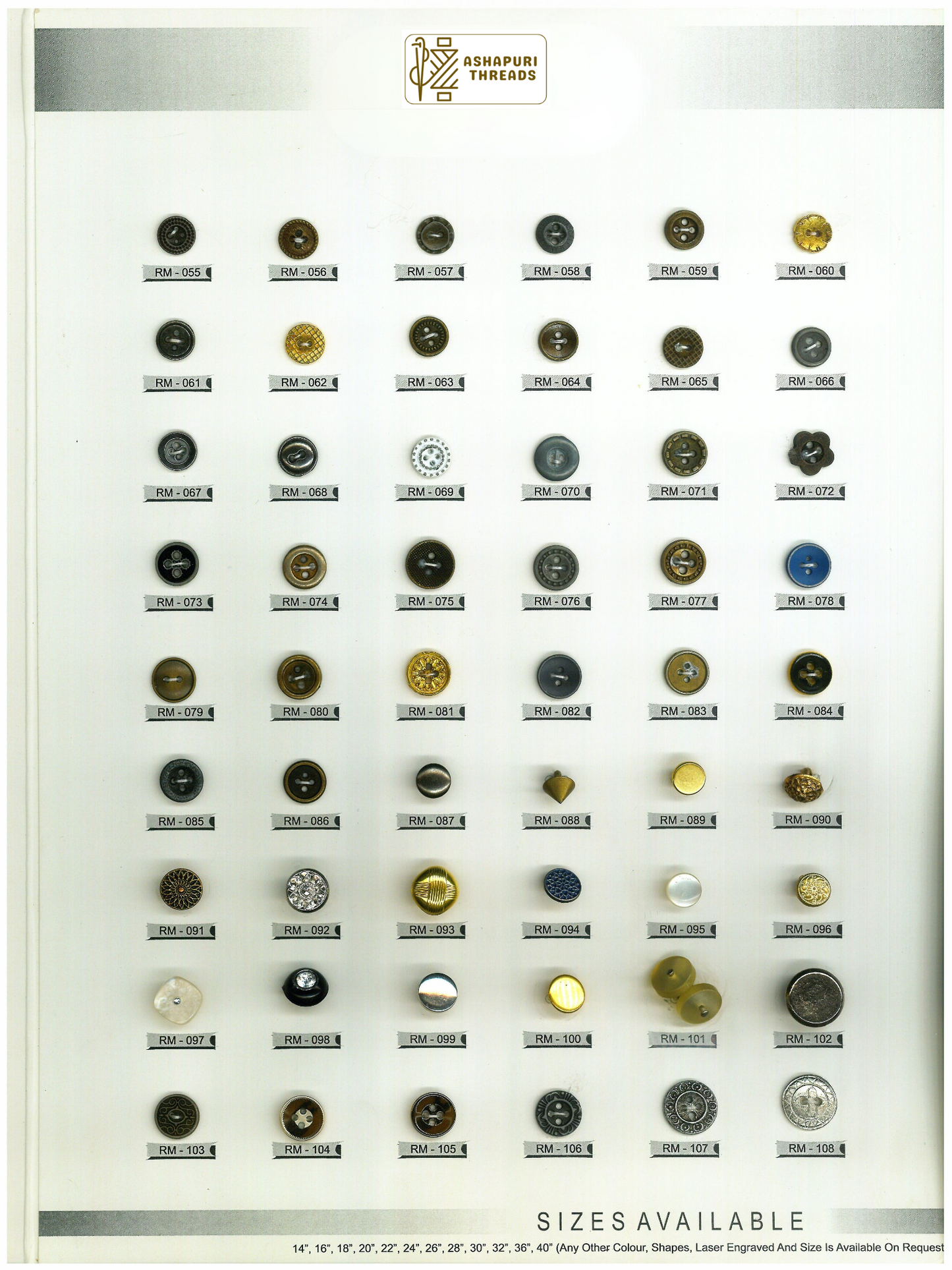 Buttons – Polyester, Natural Shell, Metal, Coconut, and More (Sizes 14L–40L)