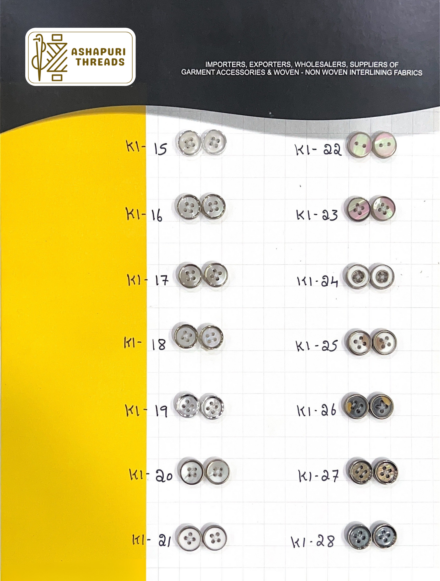 Buttons – Polyester, Natural Shell, Metal, Coconut, and More (Sizes 14L–40L)