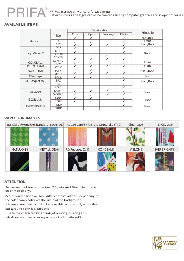 PRIFA® Custom-Printed Zipper – Inkjet-Designed Coil, VISLON®, Metal, and More