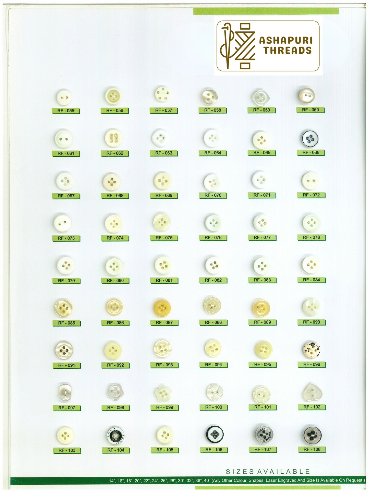 Buttons – Polyester, Natural Shell, Metal, Coconut, and More (Sizes 14L–40L)
