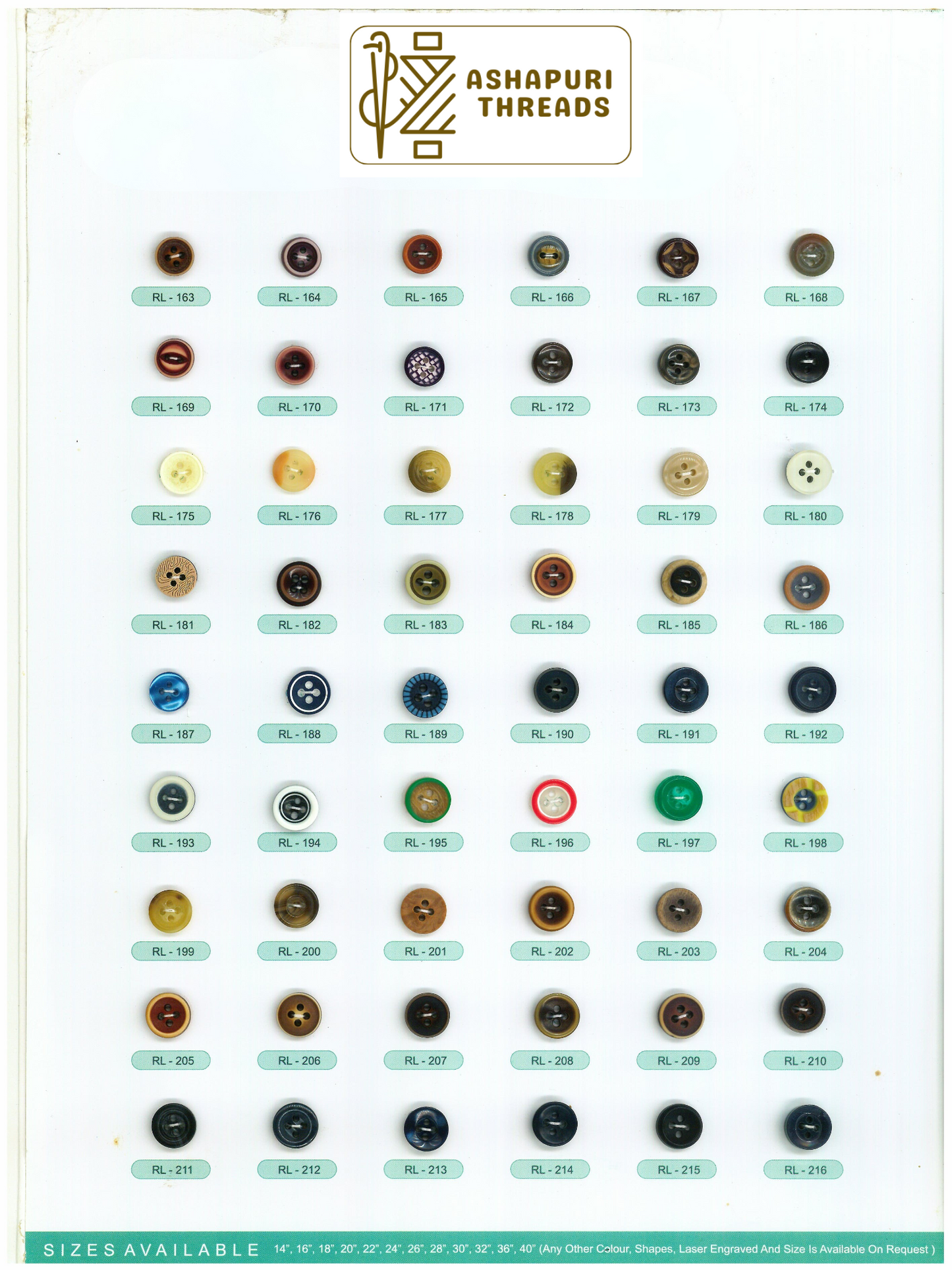 Buttons – Polyester, Natural Shell, Metal, Coconut, and More (Sizes 14L–40L)