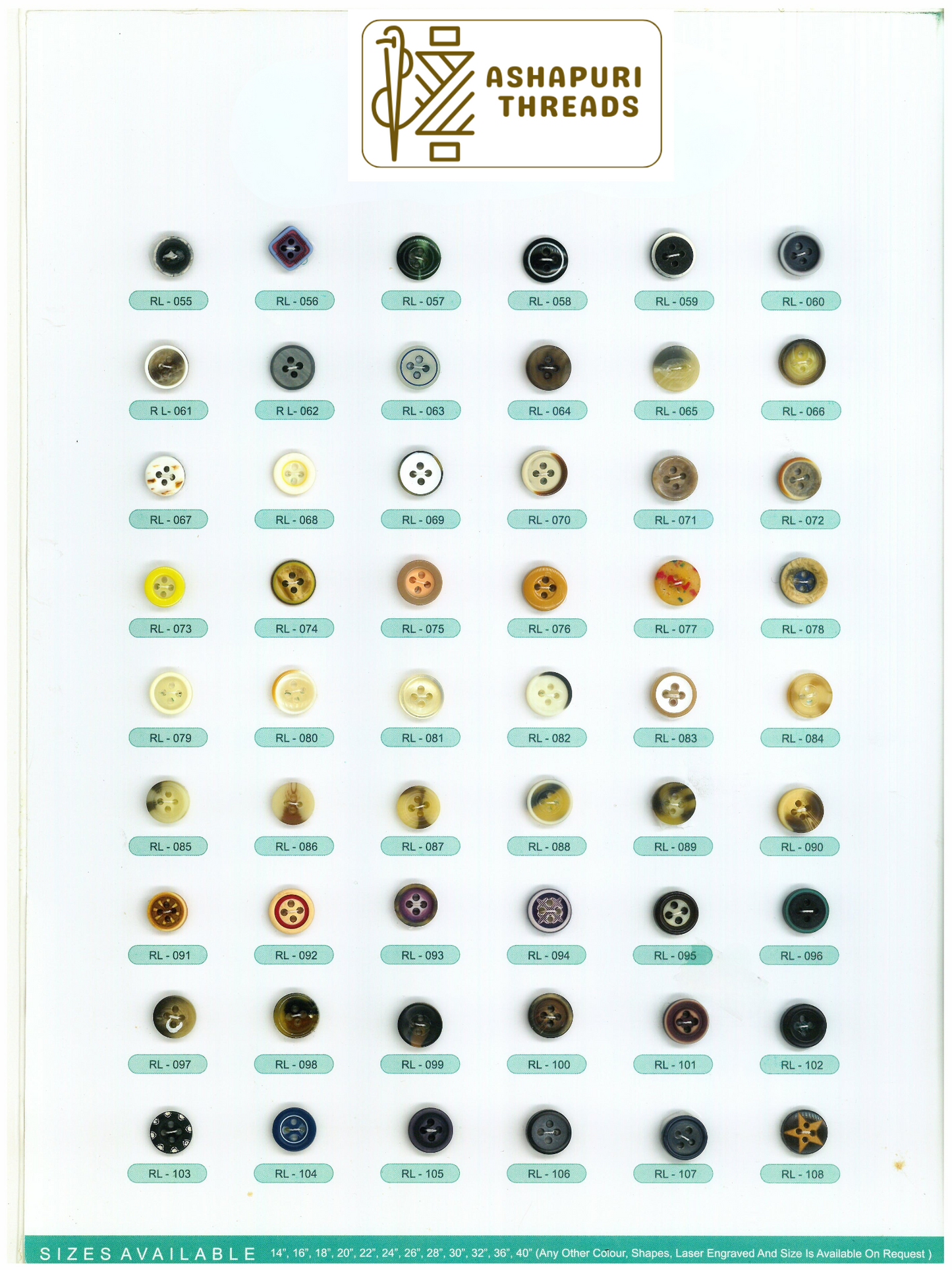 Buttons – Polyester, Natural Shell, Metal, Coconut, and More (Sizes 14L–40L)