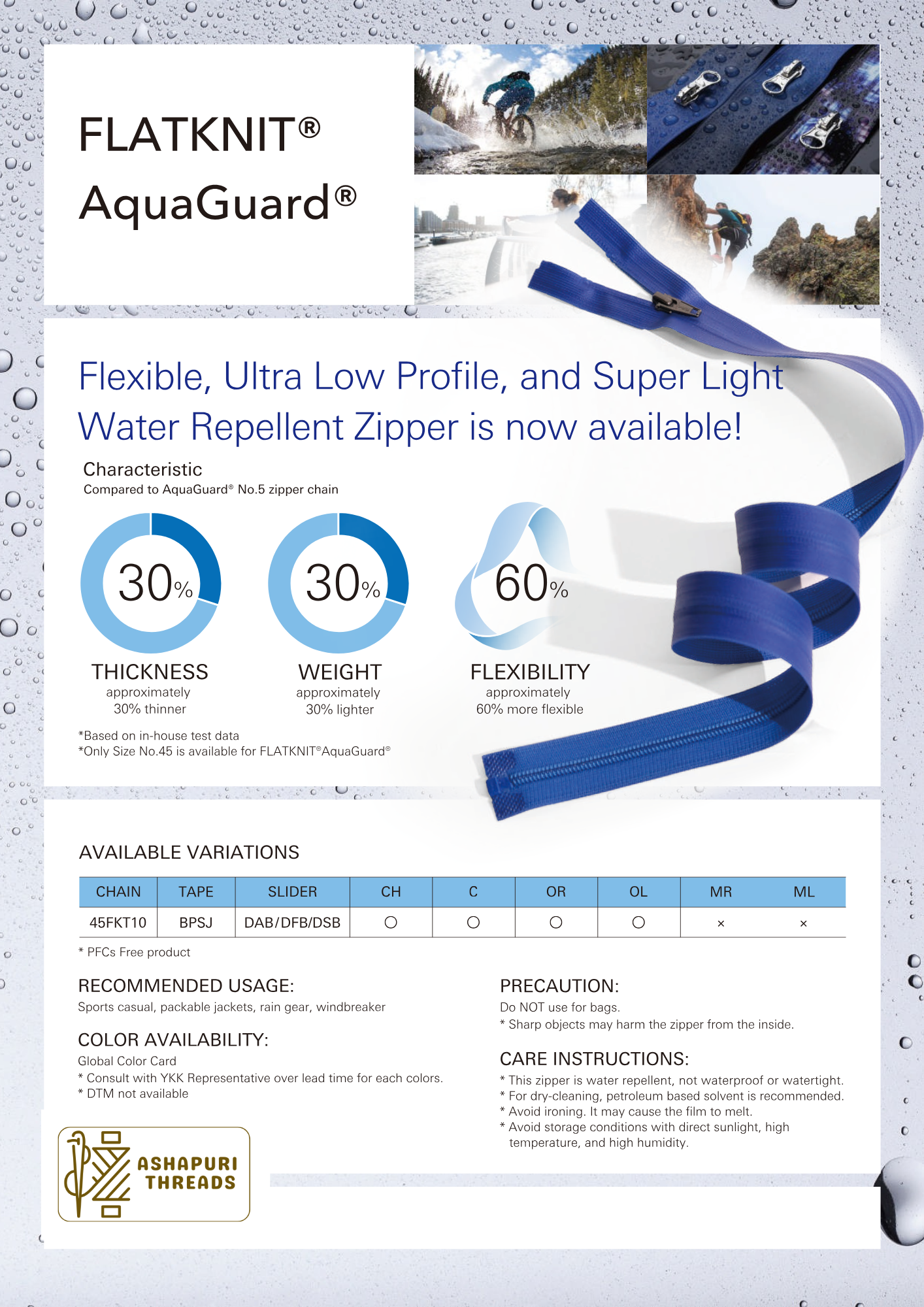 FLATKNIT® AquaGuard® – Lightweight Water-Repellent Zipper
