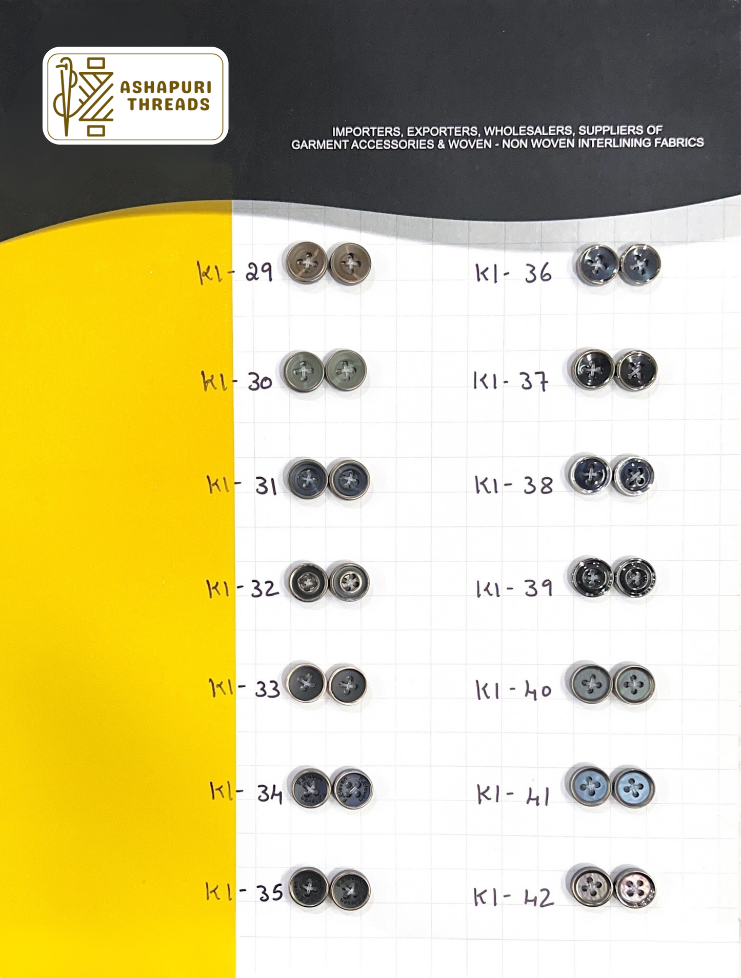 Buttons – Polyester, Natural Shell, Metal, Coconut, and More (Sizes 14L–40L)