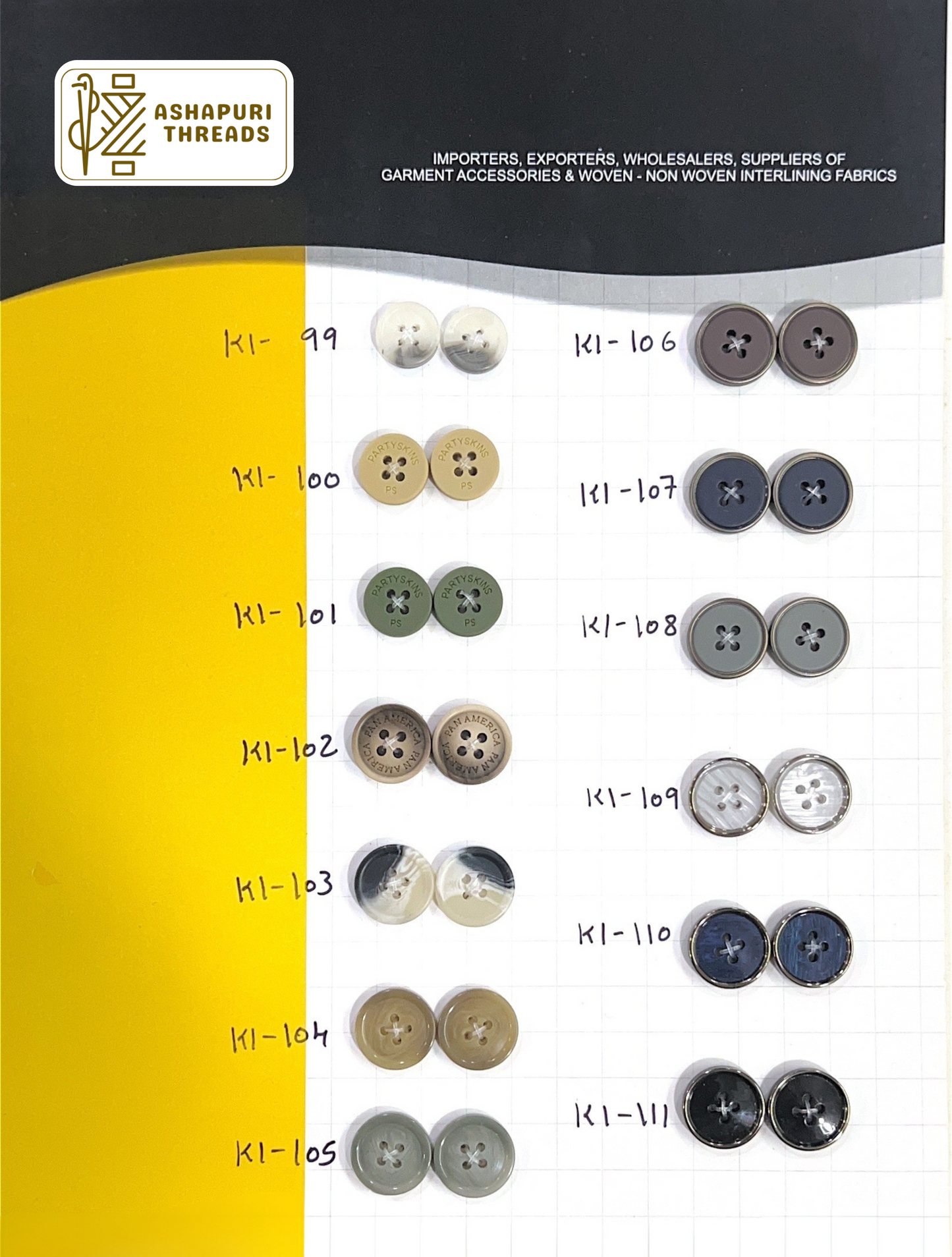 Buttons – Polyester, Natural Shell, Metal, Coconut, and More (Sizes 14L–40L)