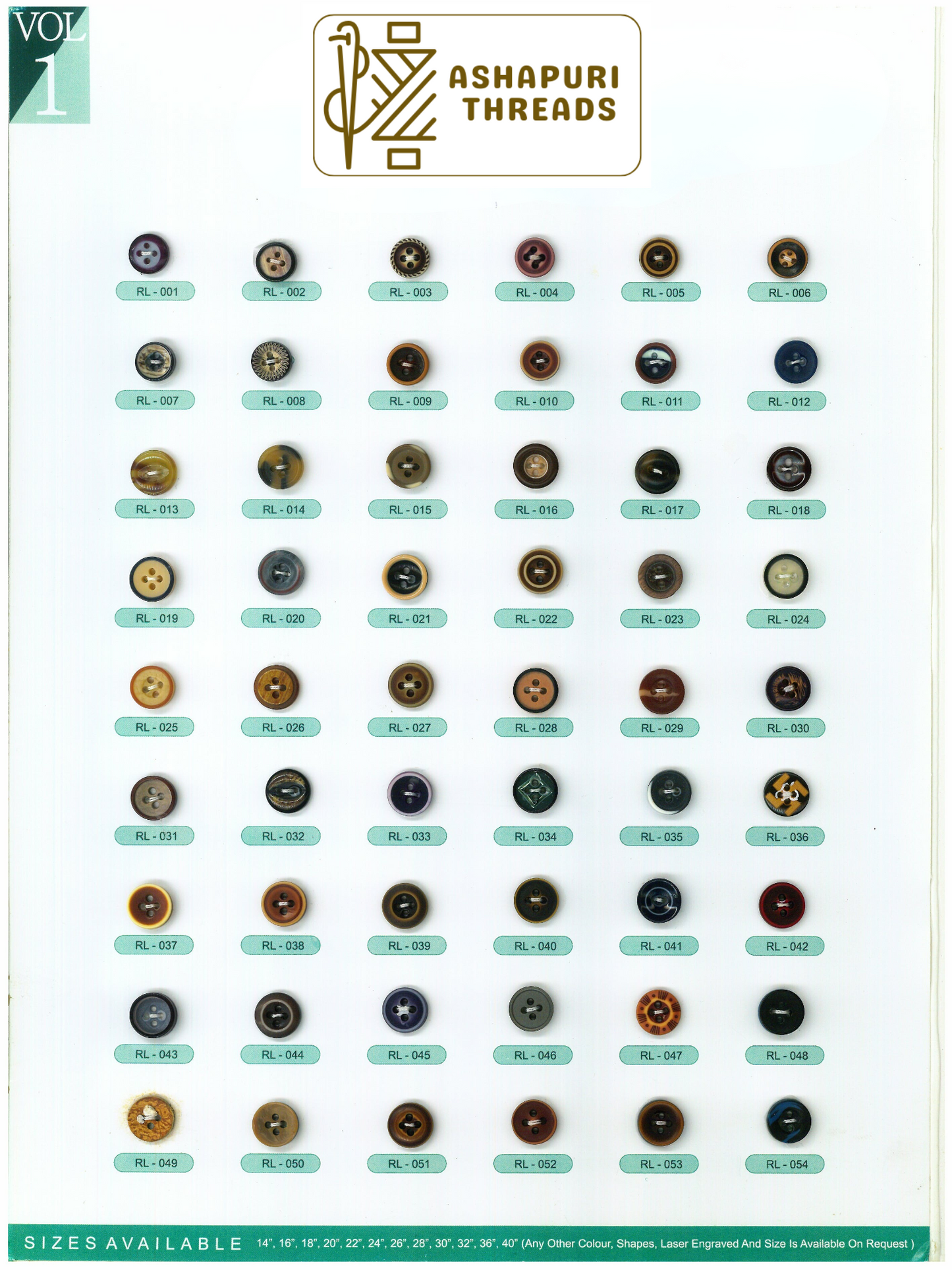 Buttons – Polyester, Natural Shell, Metal, Coconut, and More (Sizes 14L–40L)