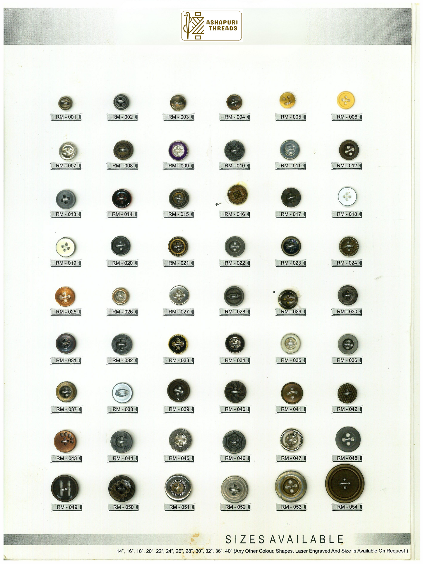 Buttons – Polyester, Natural Shell, Metal, Coconut, and More (Sizes 14L–40L)