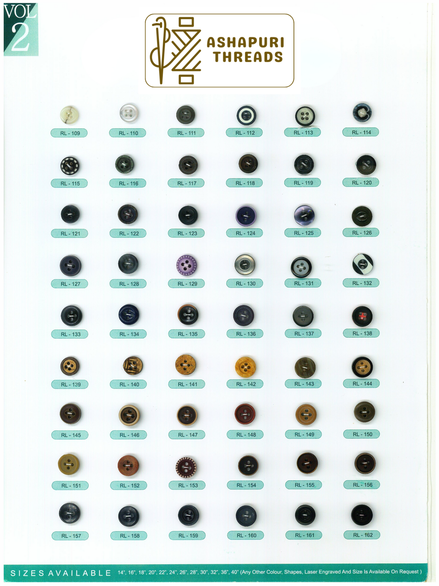 Buttons – Polyester, Natural Shell, Metal, Coconut, and More (Sizes 14L–40L)