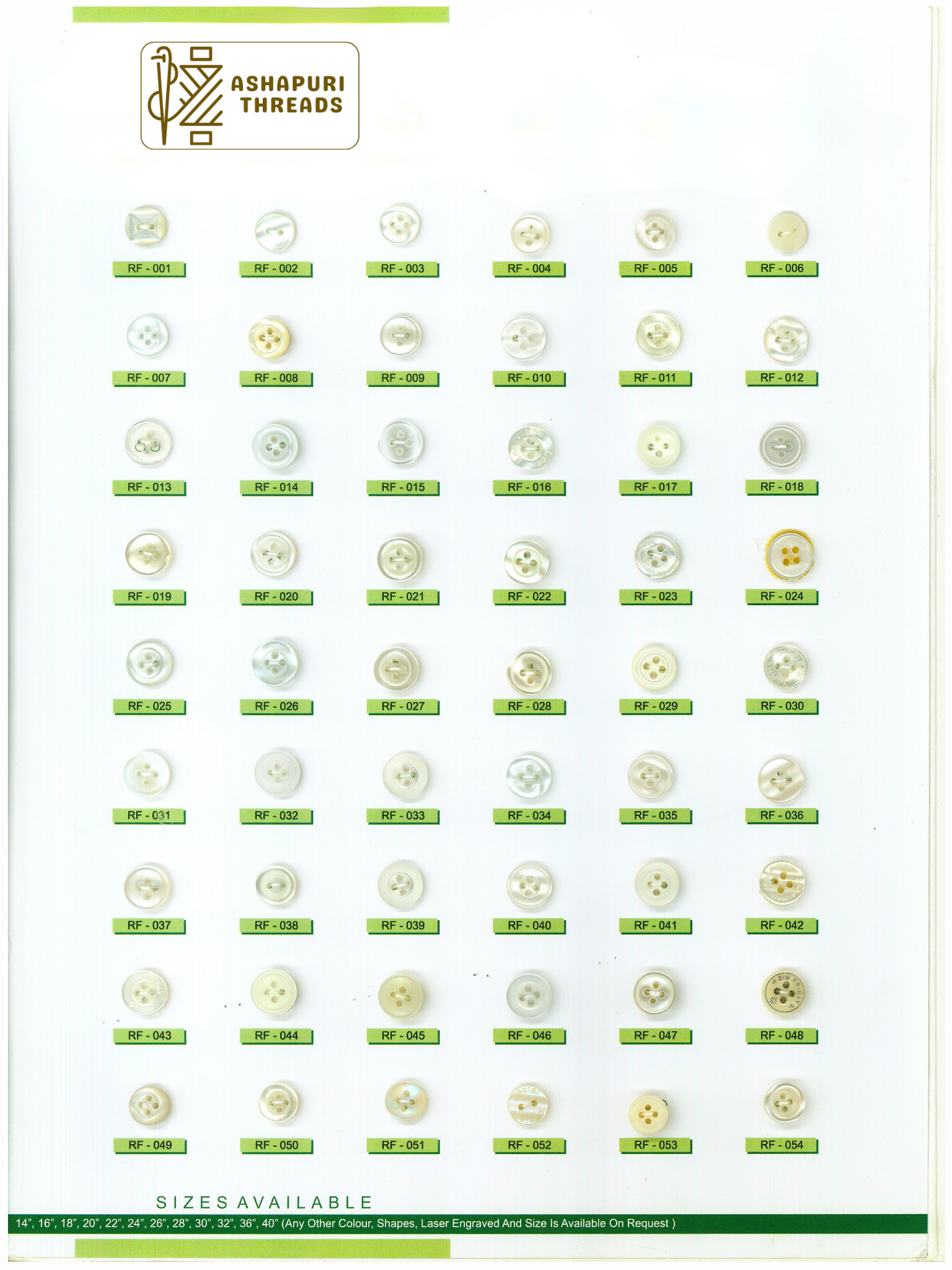 Buttons – Polyester, Natural Shell, Metal, Coconut, and More (Sizes 14L–40L)