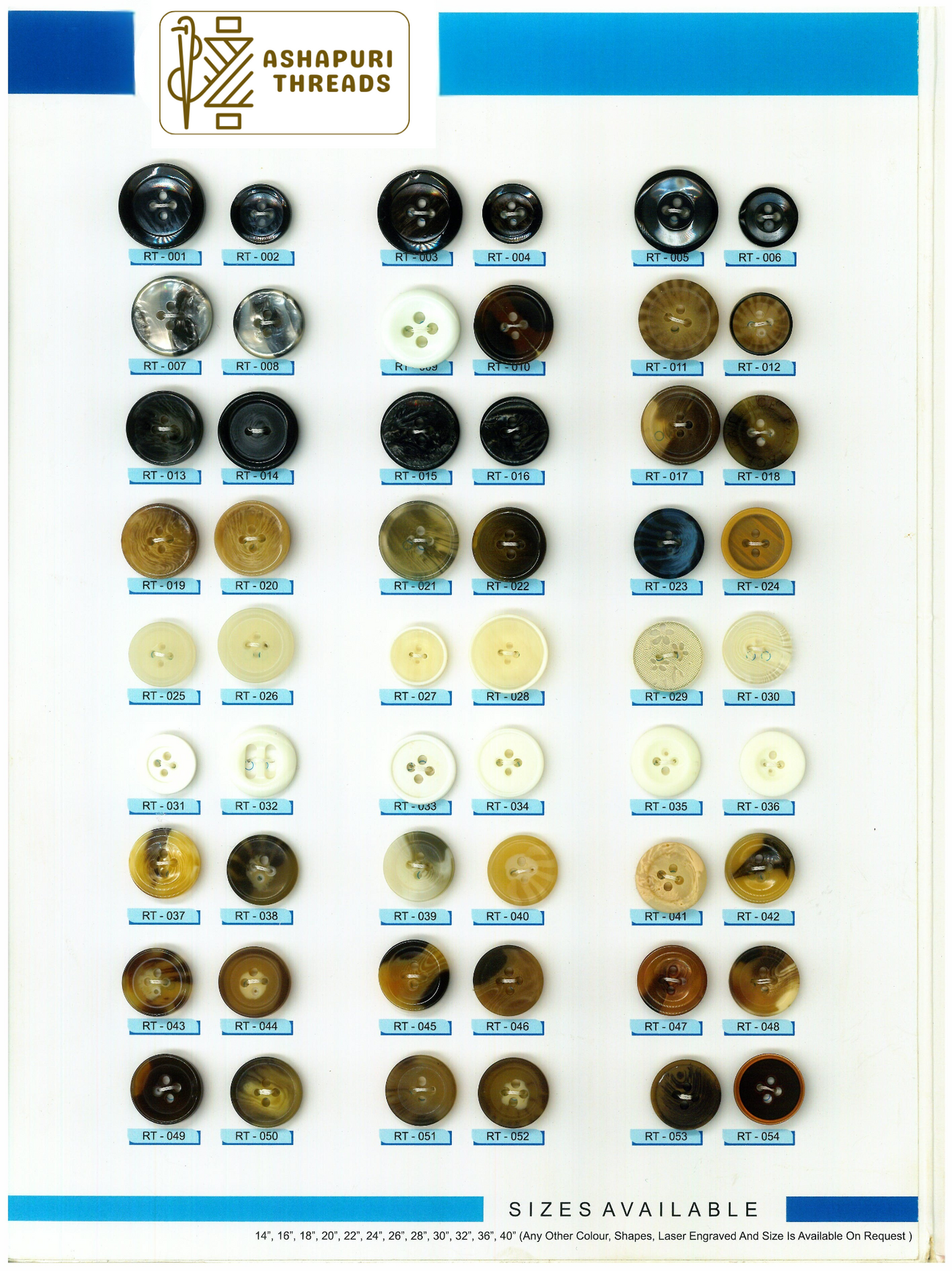 Buttons – Polyester, Natural Shell, Metal, Coconut, and More (Sizes 14L–40L)