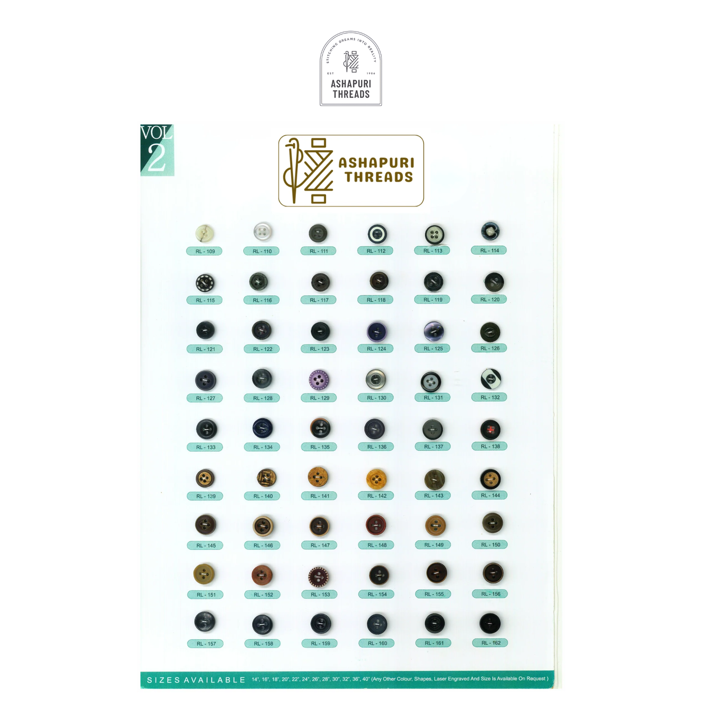 Buttons – Polyester, Natural Shell, Metal, Coconut, and More (Sizes 14L–40L)
