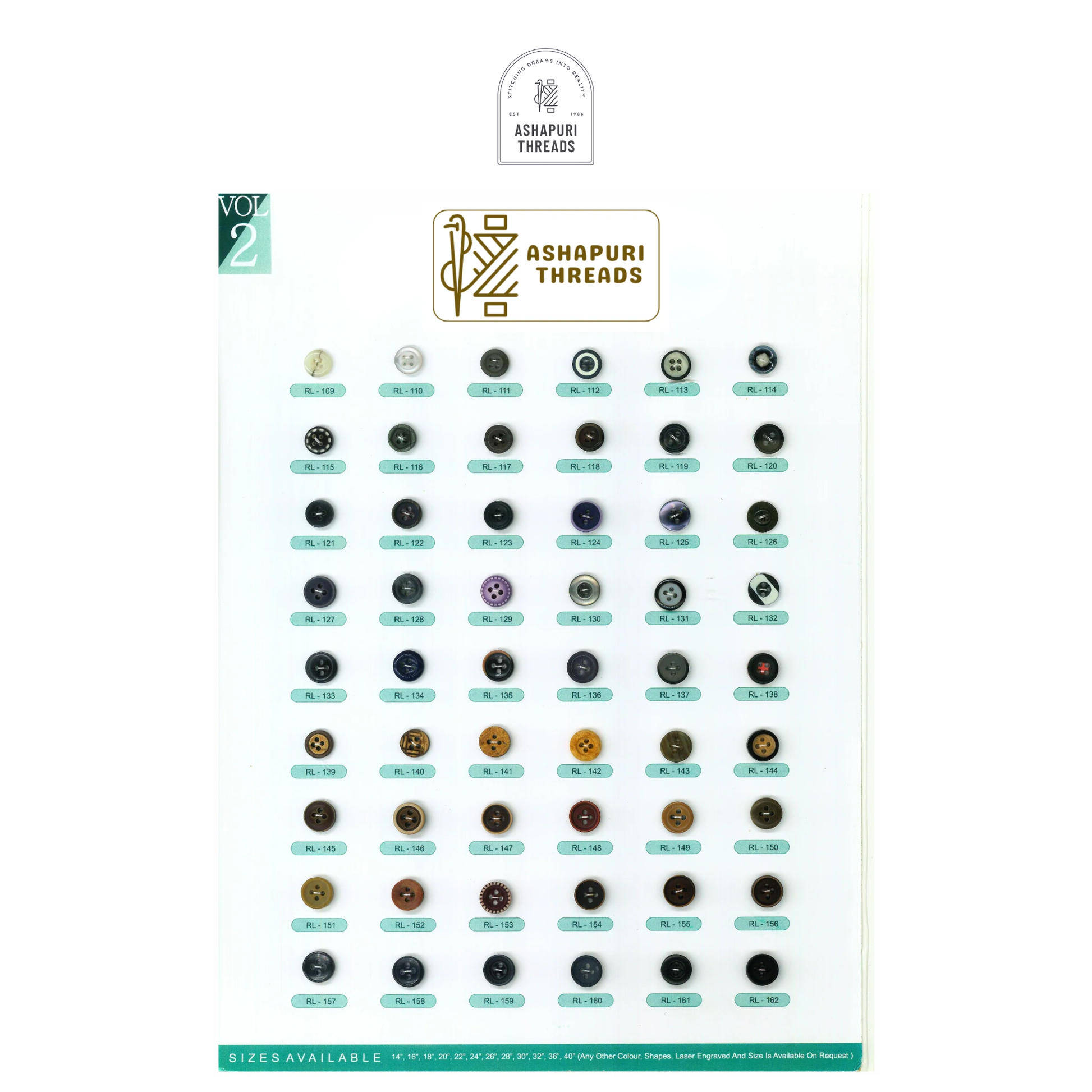 Buttons – Polyester, Natural Shell, Metal, Coconut, and More (Sizes 14L–40L)
