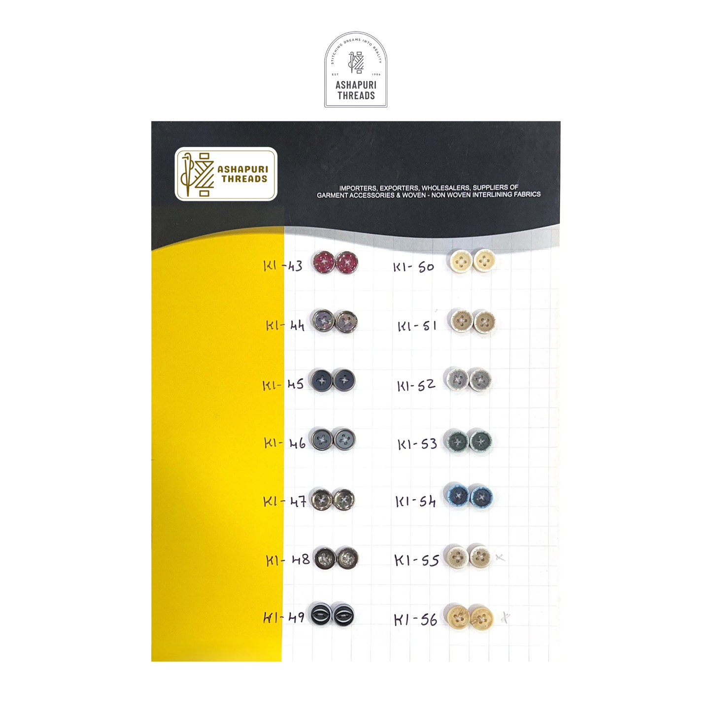 Buttons – Polyester, Natural Shell, Metal, Coconut, and More (Sizes 14L–40L)