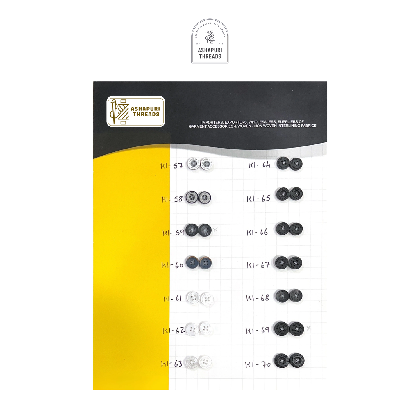 Buttons – Polyester, Natural Shell, Metal, Coconut, and More (Sizes 14L–40L)