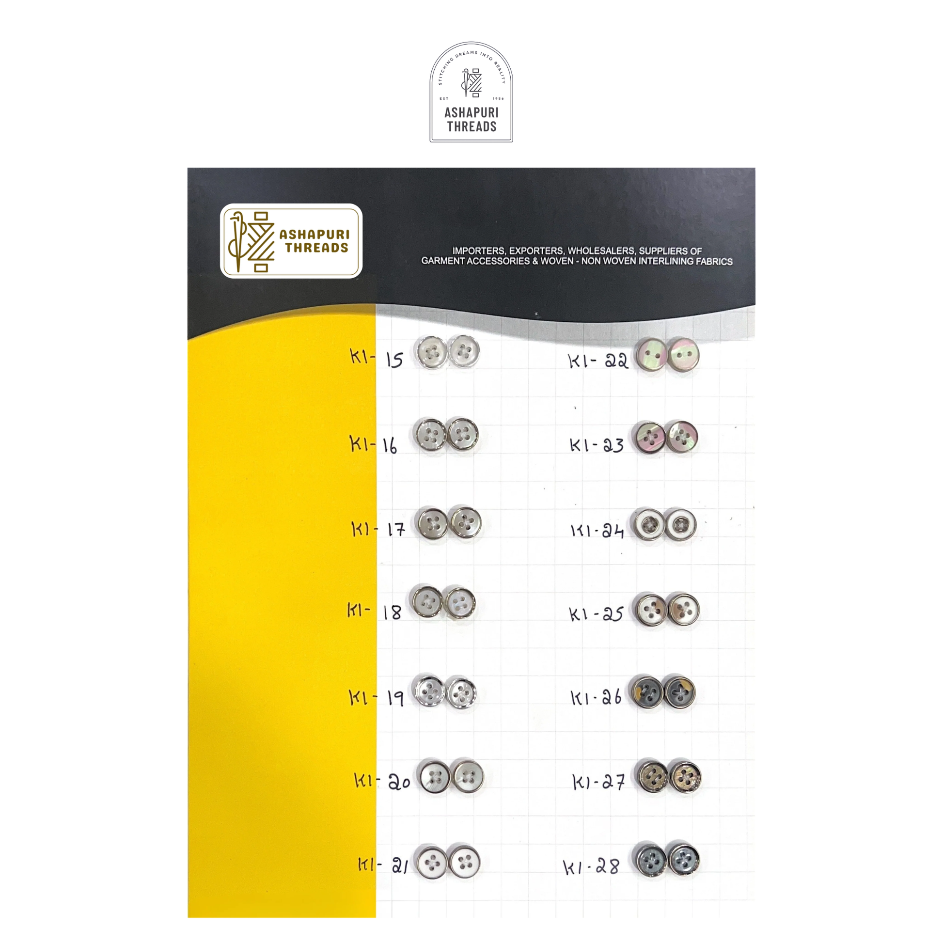 Buttons – Polyester, Natural Shell, Metal, Coconut, and More (Sizes 14L–40L)