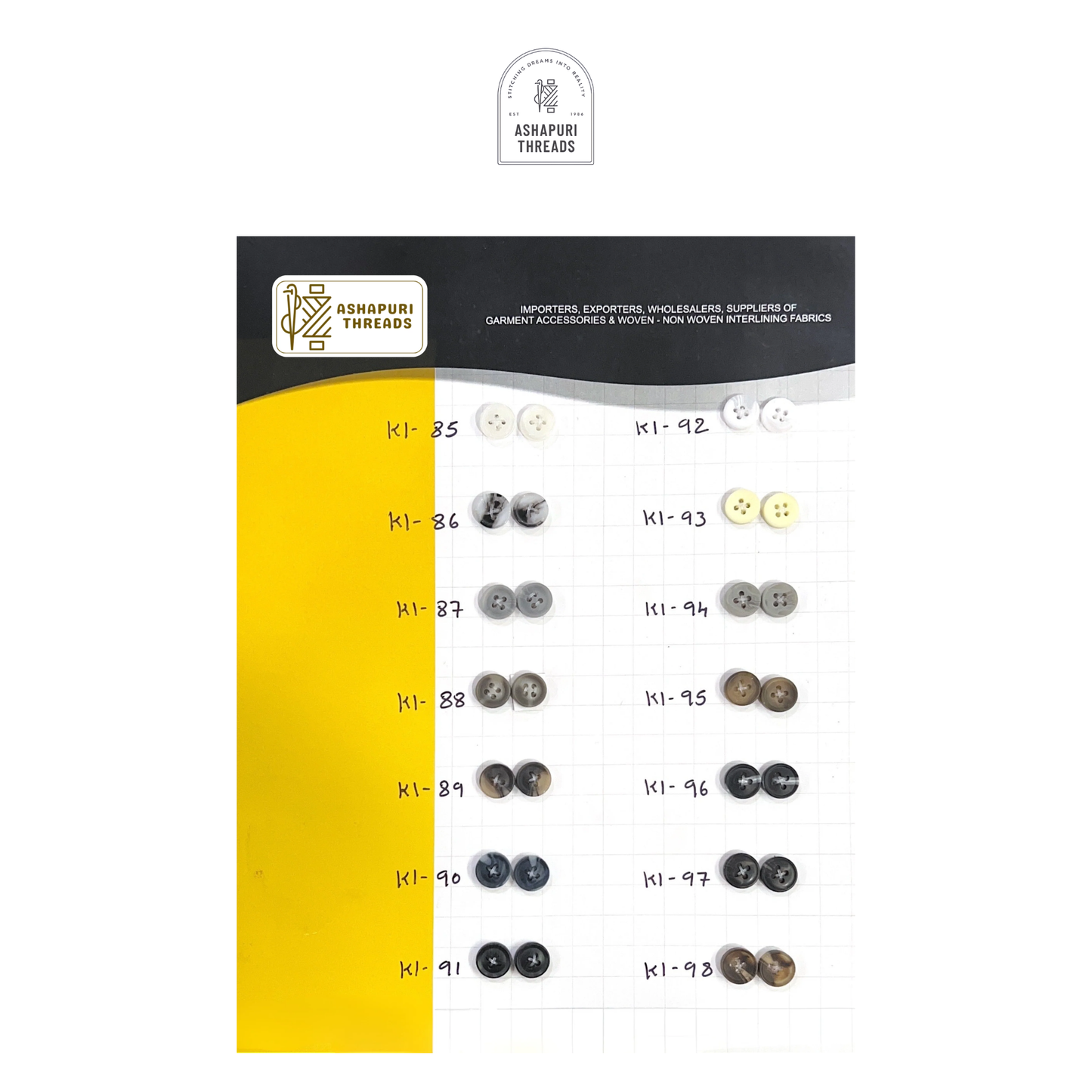 Buttons – Polyester, Natural Shell, Metal, Coconut, and More (Sizes 14L–40L)