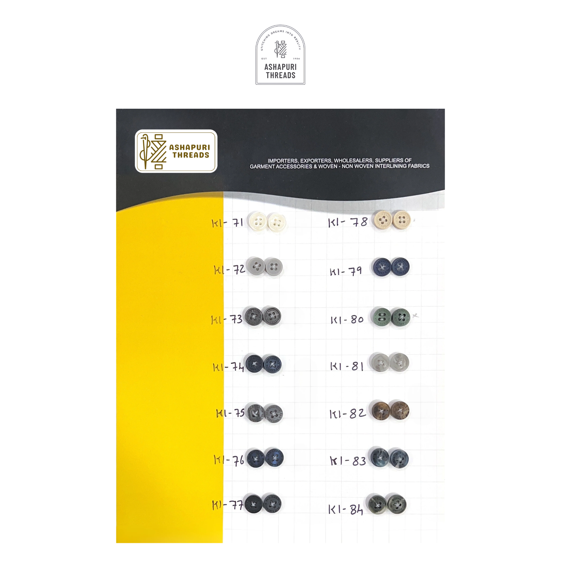 Buttons – Polyester, Natural Shell, Metal, Coconut, and More (Sizes 14L–40L)
