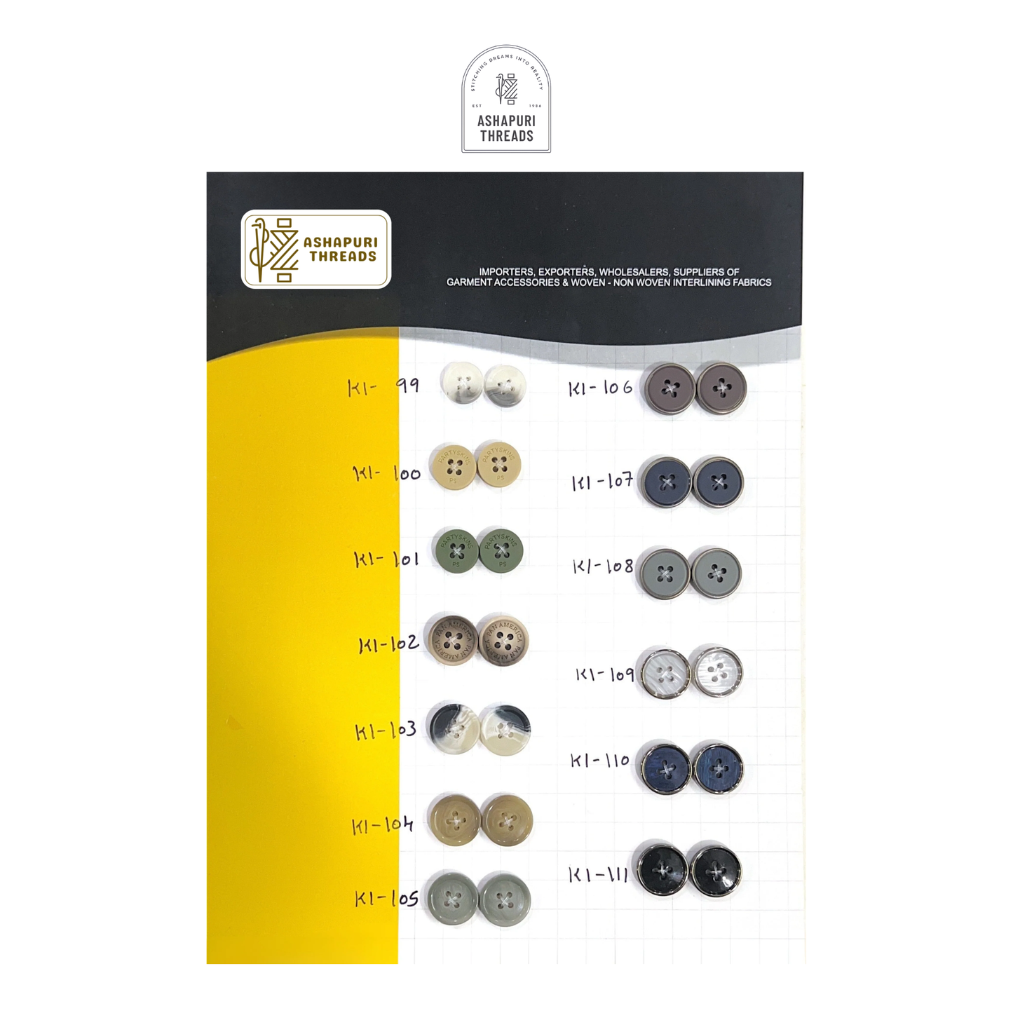 Buttons – Polyester, Natural Shell, Metal, Coconut, and More (Sizes 14L–40L)
