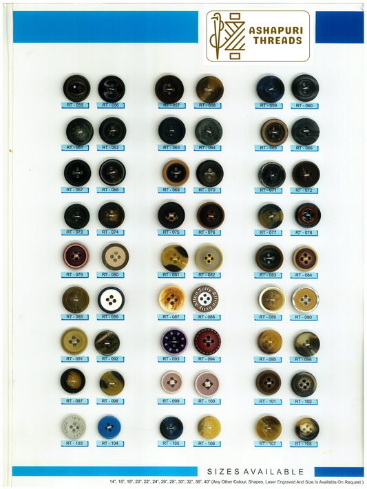 Buttons – Polyester, Natural Shell, Metal, Coconut, and More (Sizes 14L–40L)
