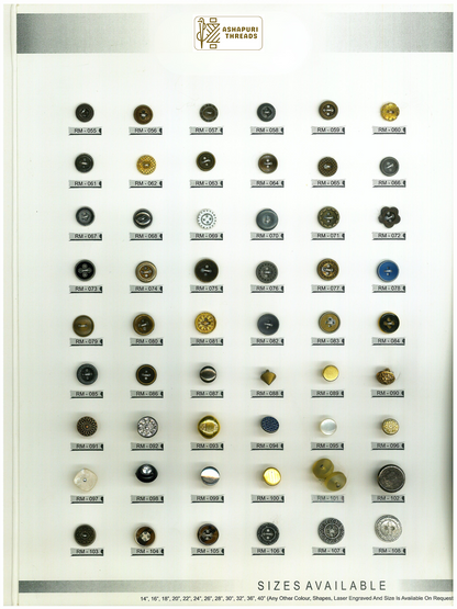 Buttons – Polyester, Natural Shell, Metal, Coconut, and More (Sizes 14L–40L)