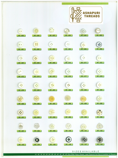 Buttons – Polyester, Natural Shell, Metal, Coconut, and More (Sizes 14L–40L)