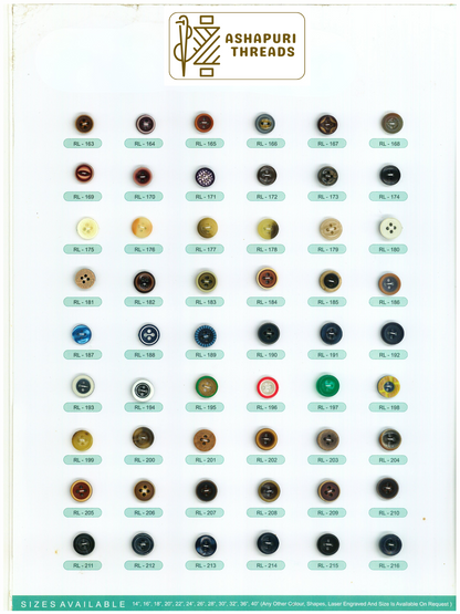 Buttons – Polyester, Natural Shell, Metal, Coconut, and More (Sizes 14L–40L)
