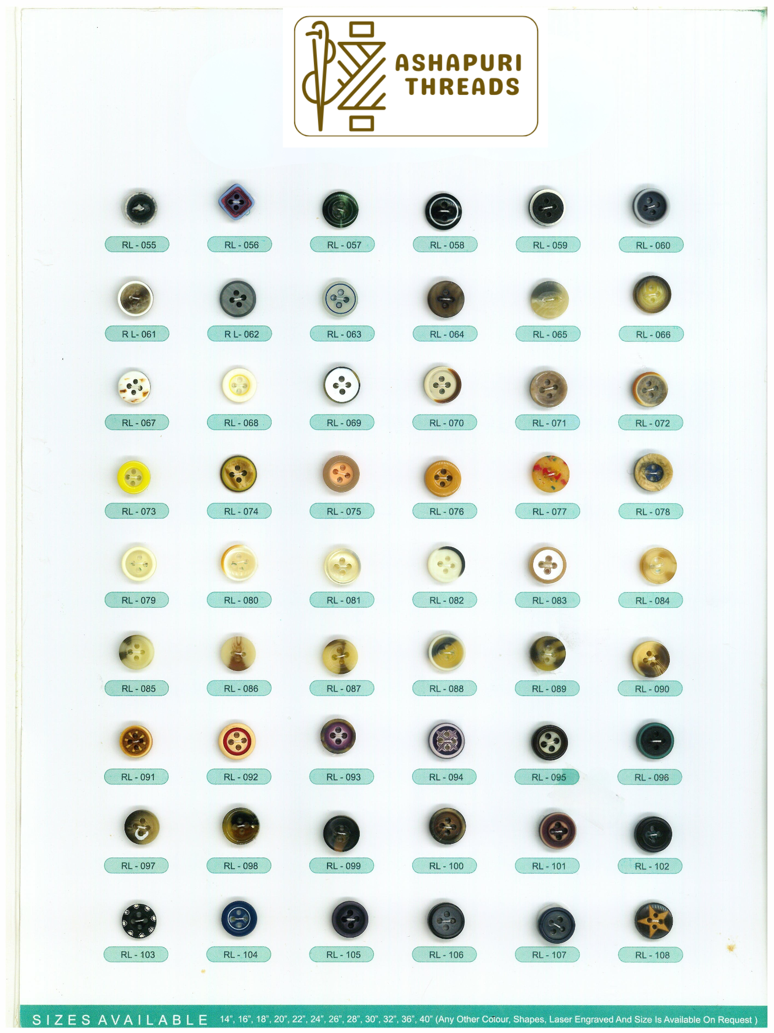 Buttons – Polyester, Natural Shell, Metal, Coconut, and More (Sizes 14L–40L)