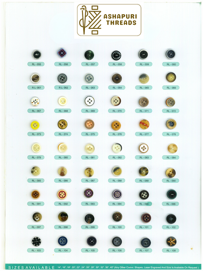 Buttons – Polyester, Natural Shell, Metal, Coconut, and More (Sizes 14L–40L)