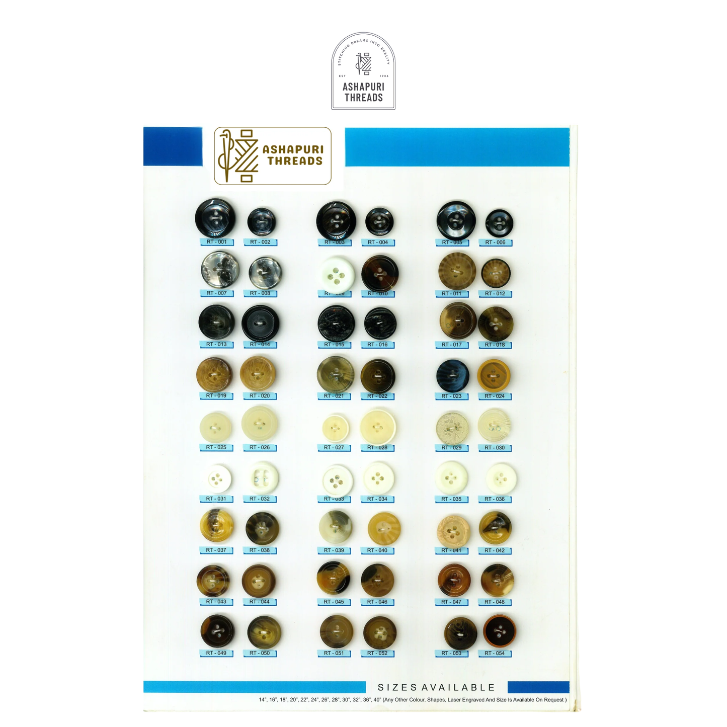 Buttons – Polyester, Natural Shell, Metal, Coconut, and More (Sizes 14L–40L)