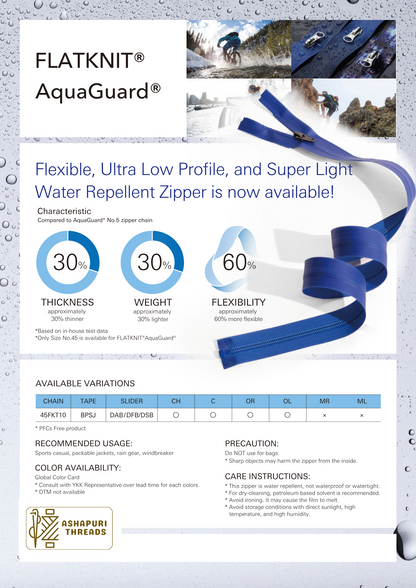 FLATKNIT® AquaGuard® – Lightweight Water-Repellent Zipper