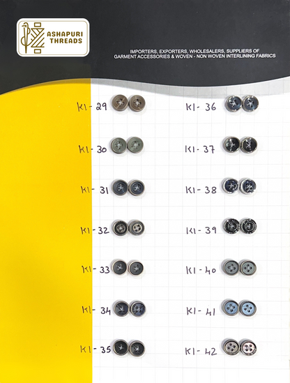 Buttons – Polyester, Natural Shell, Metal, Coconut, and More (Sizes 14L–40L)