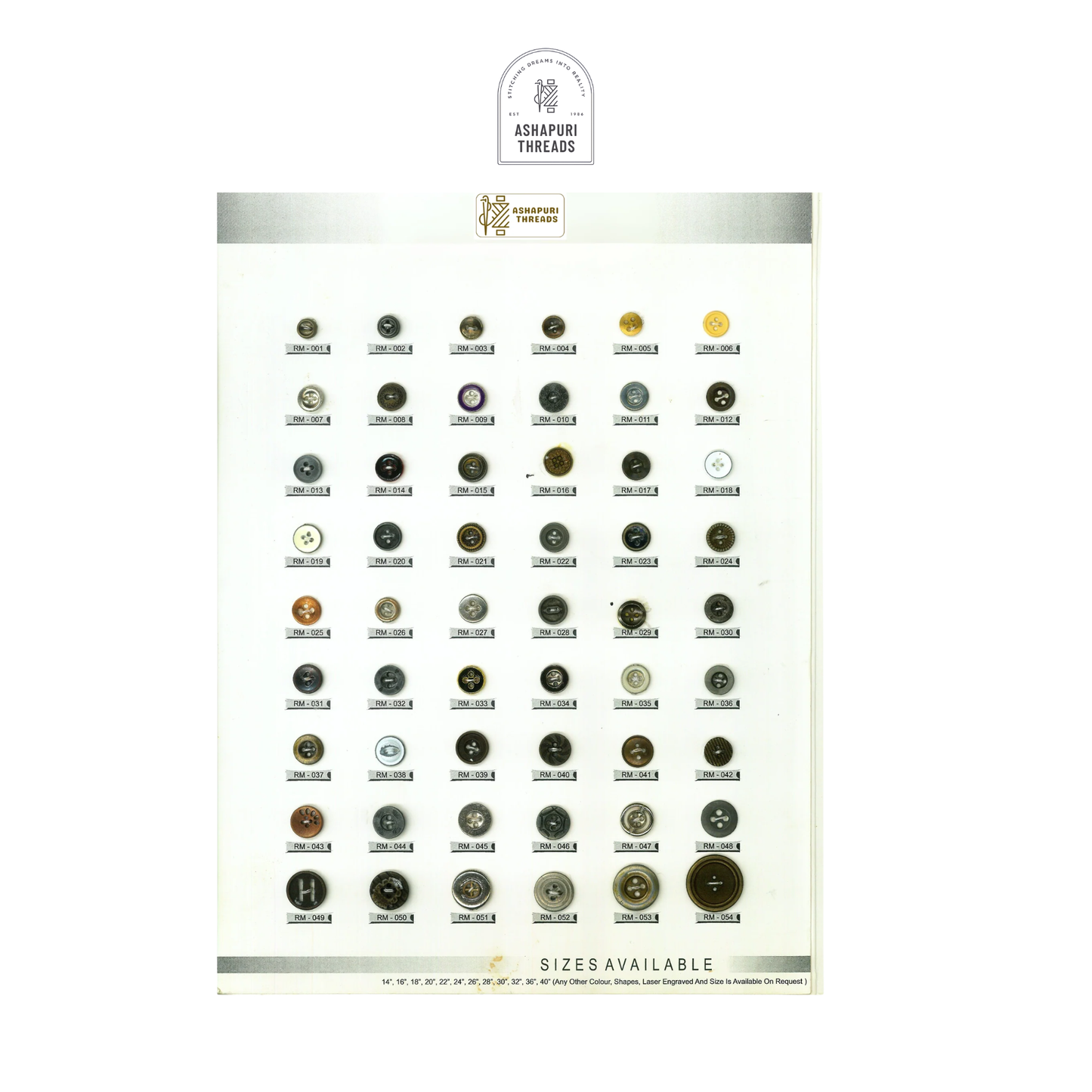 Buttons – Polyester, Natural Shell, Metal, Coconut, and More (Sizes 14L–40L)