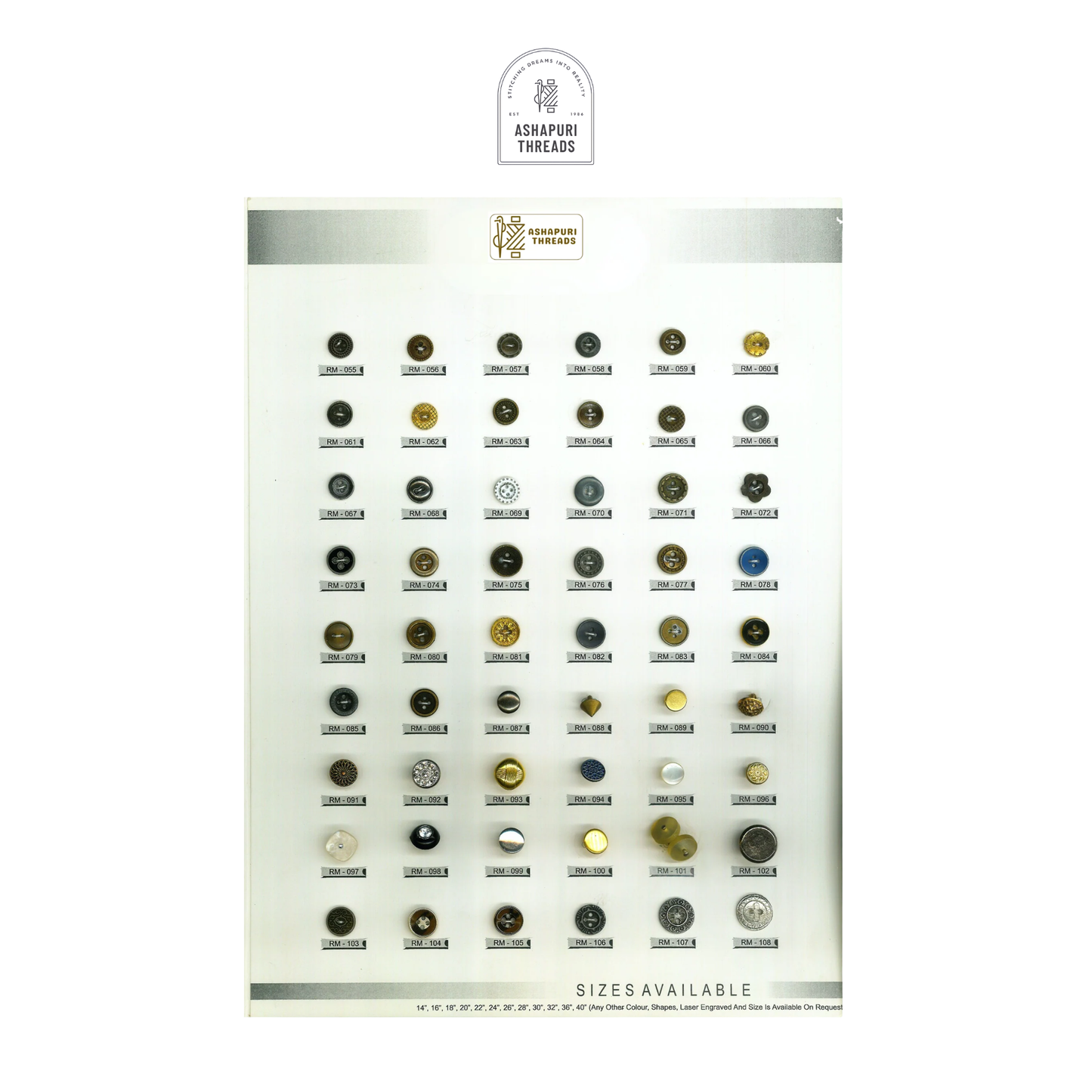 Buttons – Polyester, Natural Shell, Metal, Coconut, and More (Sizes 14L–40L)