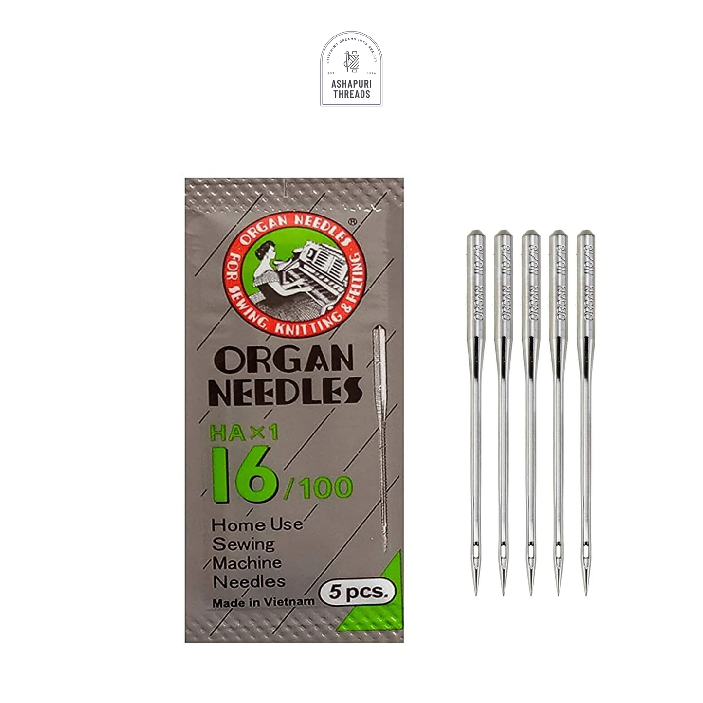 Organ Sewing Machine Needles – Size 16 (HAx1-16/100) – Set of 5 | Flat Shank
