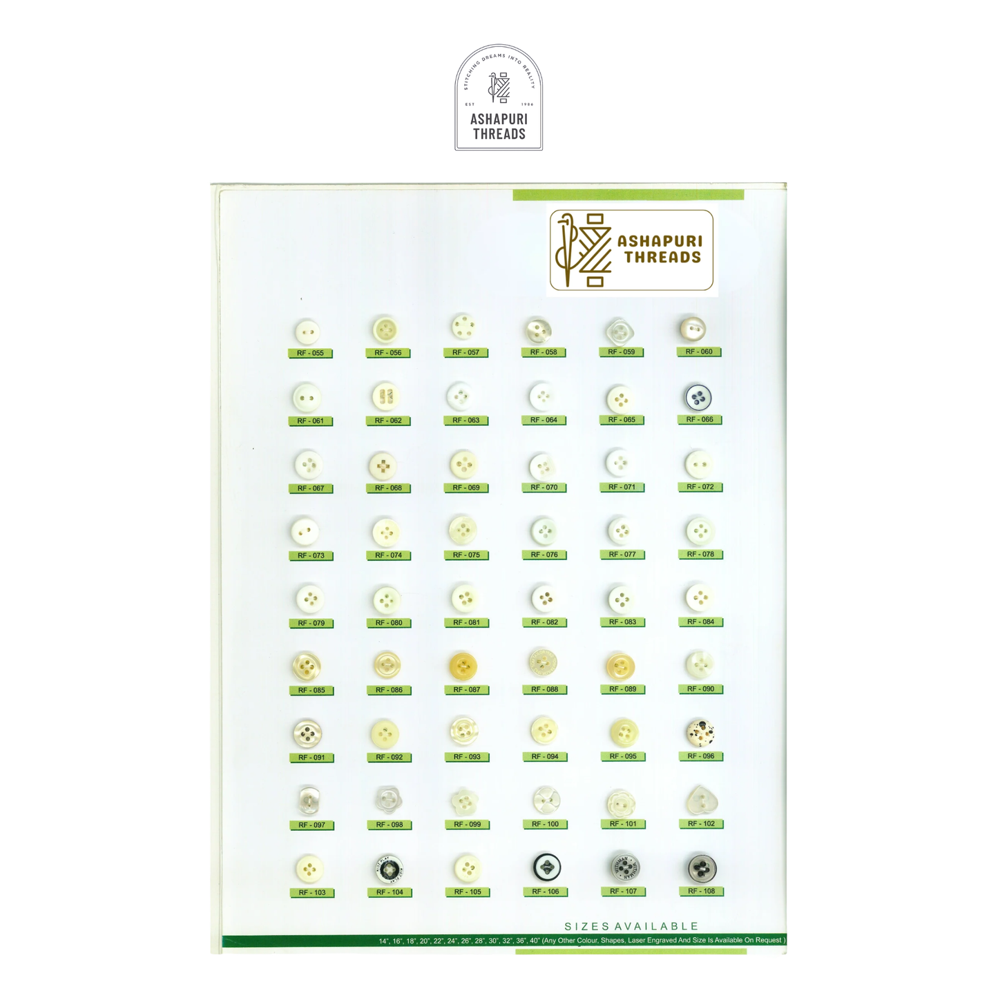 Buttons – Polyester, Natural Shell, Metal, Coconut, and More (Sizes 14L–40L)