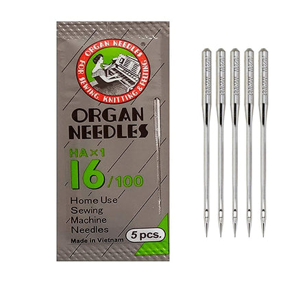 Organ Sewing Machine Needles – Size 16 (HAx1-16/100) – Set of 5 | Flat Shank