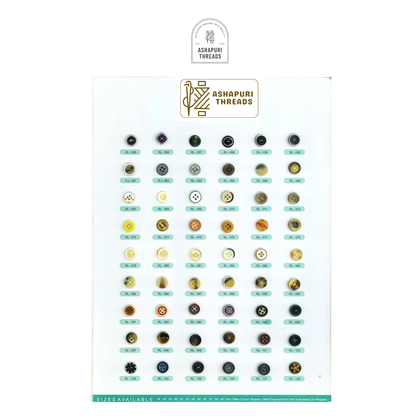 Buttons – Polyester, Natural Shell, Metal, Coconut, and More (Sizes 14L–40L)