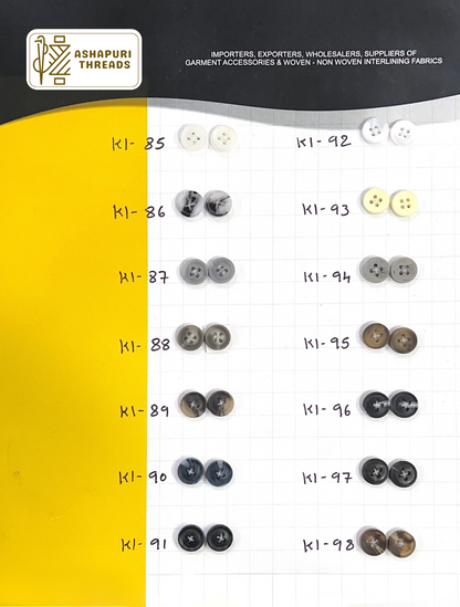 Buttons – Polyester, Natural Shell, Metal, Coconut, and More (Sizes 14L–40L)