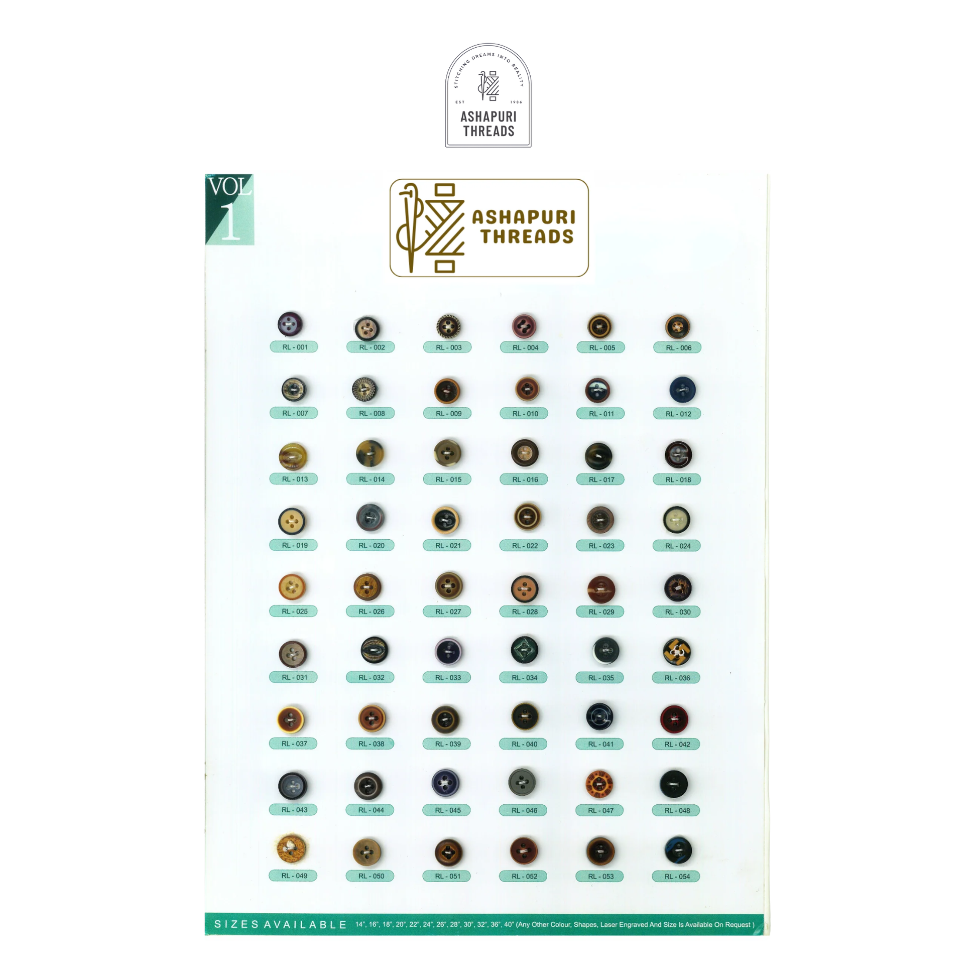Buttons – Polyester, Natural Shell, Metal, Coconut, and More (Sizes 14L–40L)