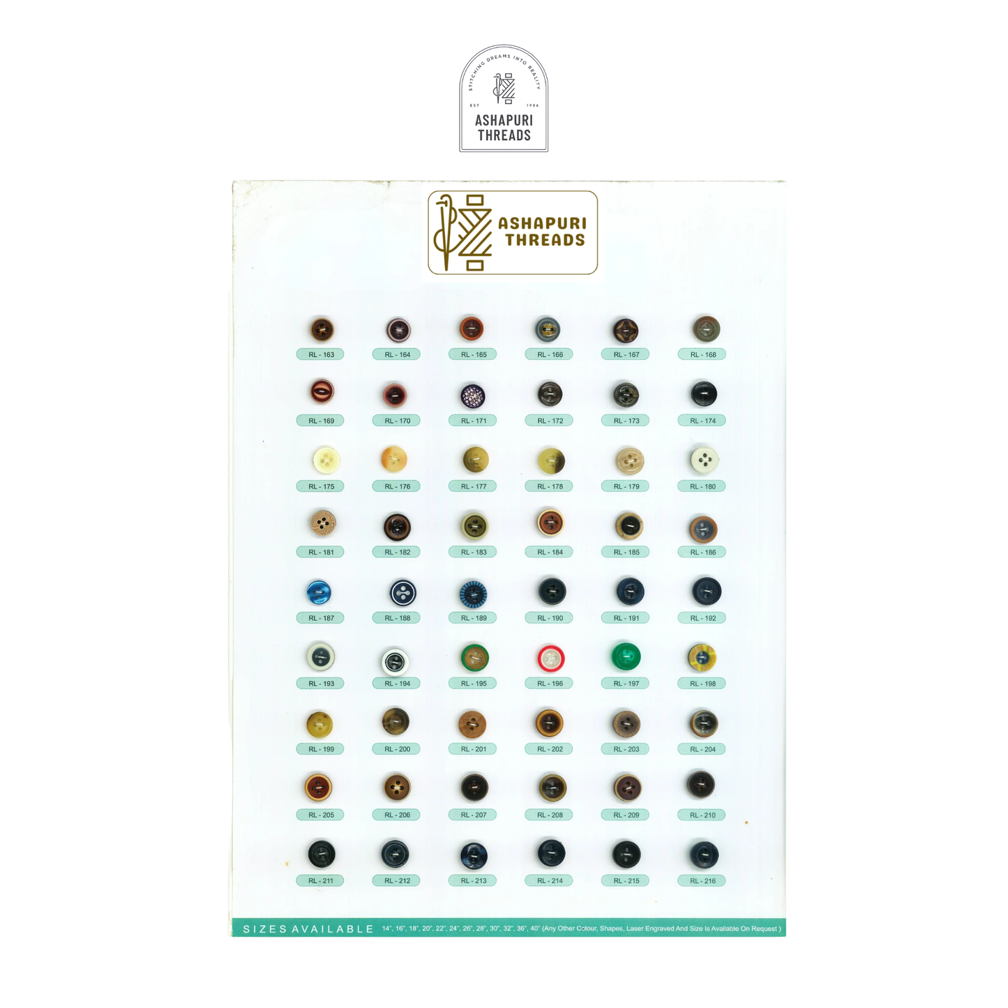 Buttons – Polyester, Natural Shell, Metal, Coconut, and More (Sizes 14L–40L)