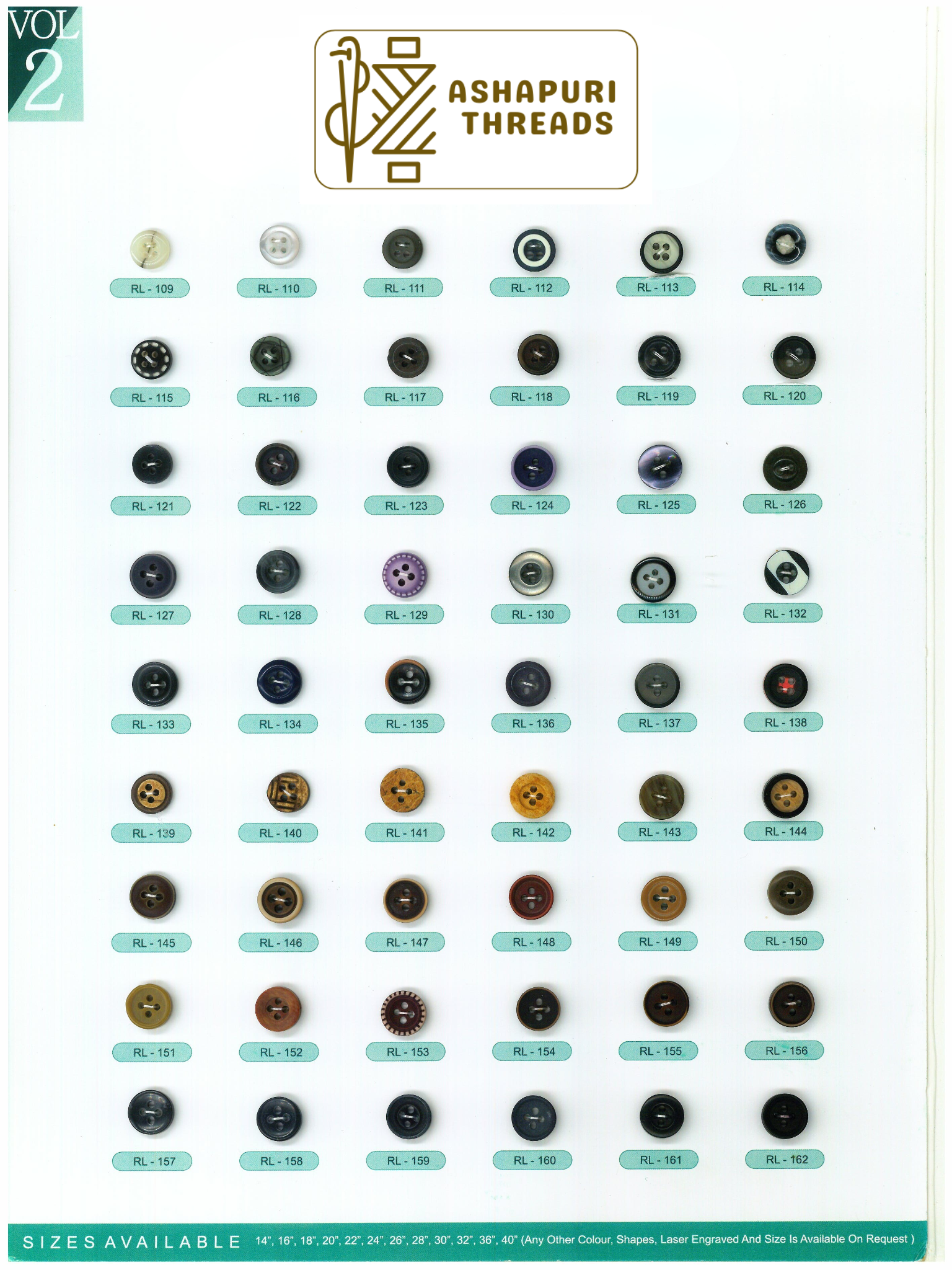 Buttons – Polyester, Natural Shell, Metal, Coconut, and More (Sizes 14L–40L)