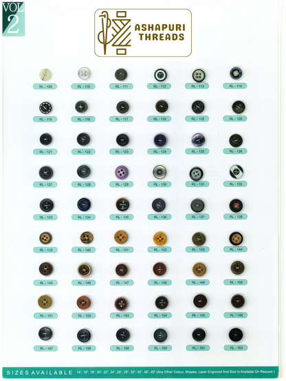 Buttons – Polyester, Natural Shell, Metal, Coconut, and More (Sizes 14L–40L)