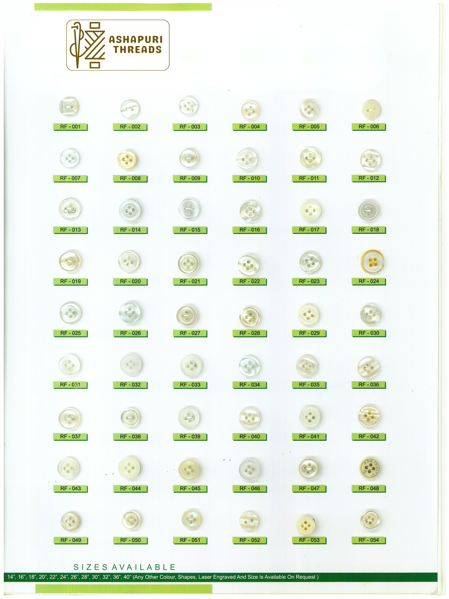 Buttons – Polyester, Natural Shell, Metal, Coconut, and More (Sizes 14L–40L)